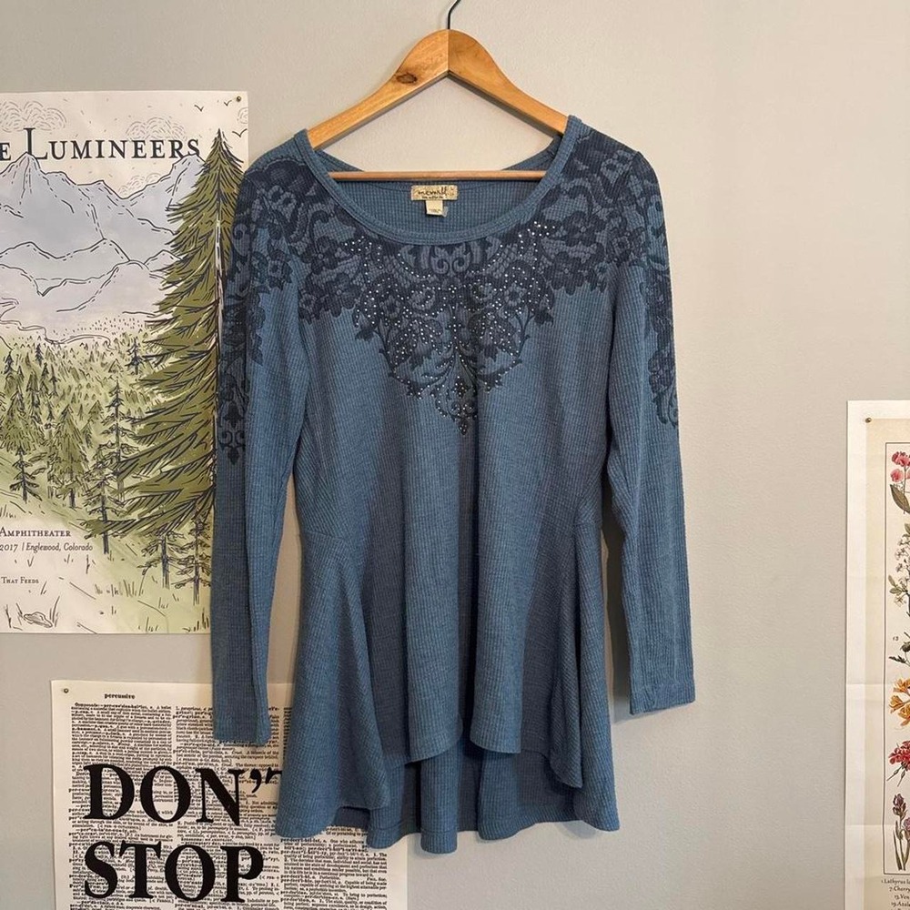 One World Blue Waffle Knit Tunic Top Y2K silver rhinestone Whimsigoth Fairy